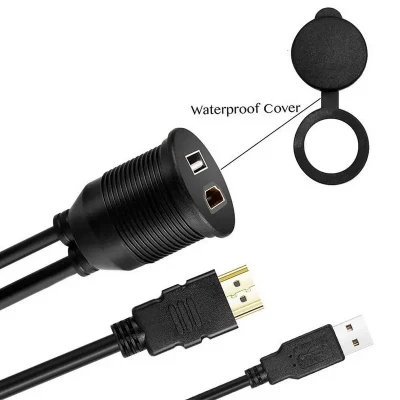 Cabo de montagem no painel frontal do carro HDMI USB2.0 macho para fêmea cabo de extensão à prova d'água